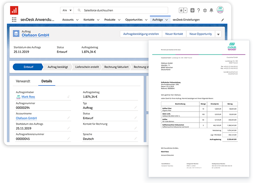 An invoice in Salesforce, created with our sevDesk for Salesforce App.