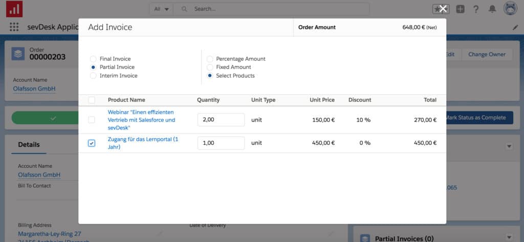interim and partial invoices in salesforce