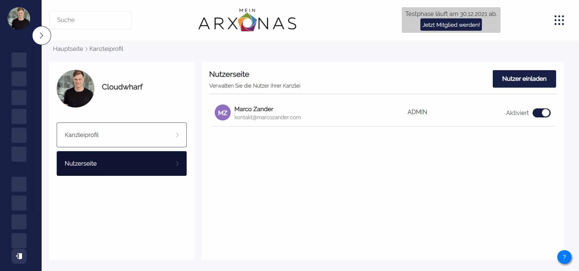 A screenshot from the Arxonas software - the user page.